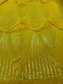 Fringe Sequins Design - Iridescent Yellow - Fringe Design Embroidered on a  4 Way Stretch Lace Mesh (Pick A Size)