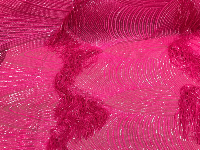 Fringe Sequins Design - Iridescent Hot Pink - Fringe Design Embroidered on a  4 Way Stretch Lace Mesh (Pick A Size)