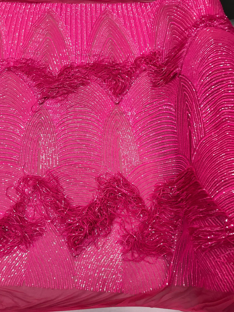 Fringe Sequins Design - Iridescent Hot Pink - Fringe Design Embroidered on a  4 Way Stretch Lace Mesh (Pick A Size)