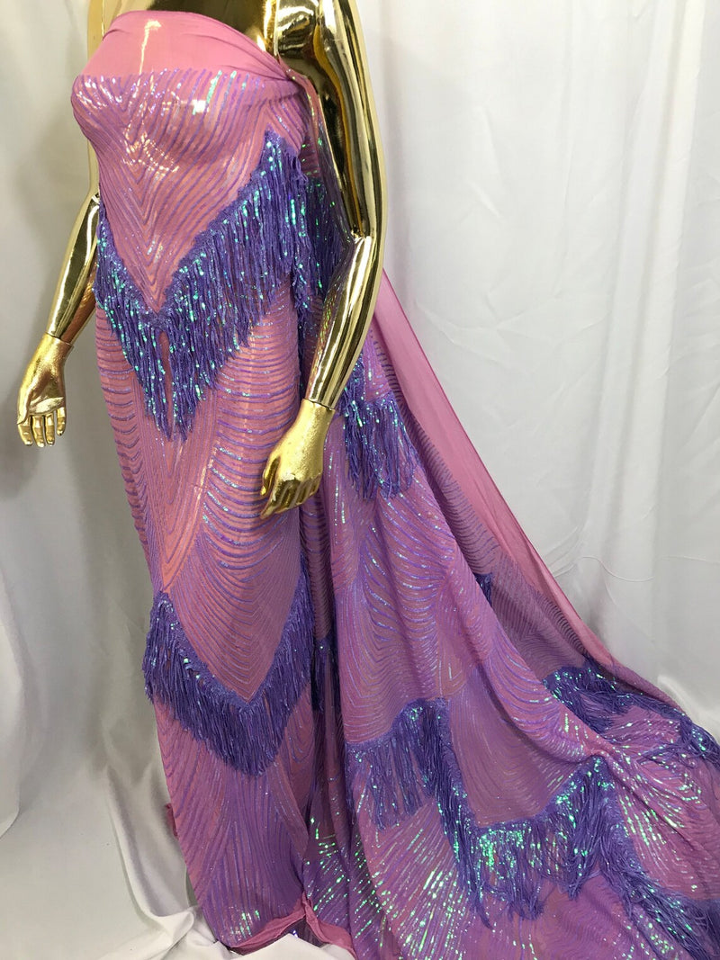Fringe Sequins Design - Iridescent Lilac - Fringe Design Embroidered on a  4 Way Stretch Lace Mesh (Pick A Size)