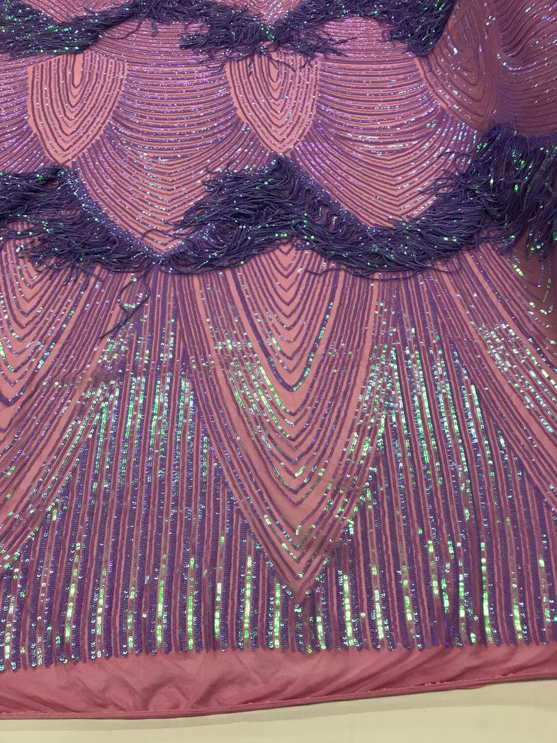 Fringe Sequins Design - Iridescent Lilac - Fringe Design Embroidered on a  4 Way Stretch Lace Mesh (Pick A Size)