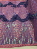 Fringe Sequins Design - Iridescent Lilac - Fringe Design Embroidered on a  4 Way Stretch Lace Mesh (Pick A Size)