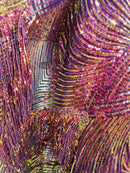 Fringe Sequins Design - Iridescent Purple - Fringe Design Embroidered on a  4 Way Stretch Lace Mesh (Pick A Size)