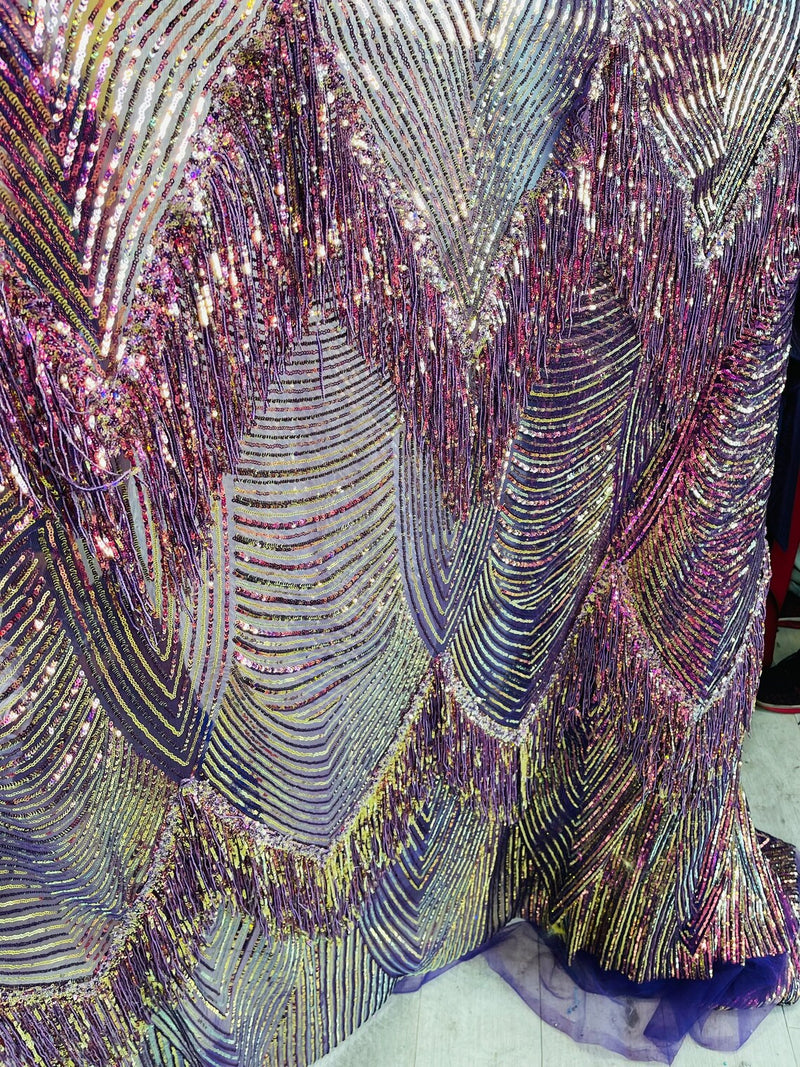 Fringe Sequins Design - Iridescent Purple - Fringe Design Embroidered on a  4 Way Stretch Lace Mesh (Pick A Size)