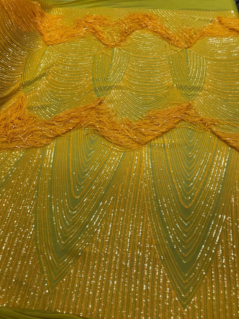 Fringe Sequins Design - Iridescent Dark Yellow - Fringe Design Embroidered on a  4 Way Stretch Lace Mesh (Pick A Size)