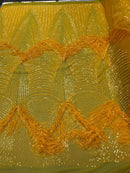 Fringe Sequins Design - Iridescent Dark Yellow - Fringe Design Embroidered on a  4 Way Stretch Lace Mesh (Pick A Size)