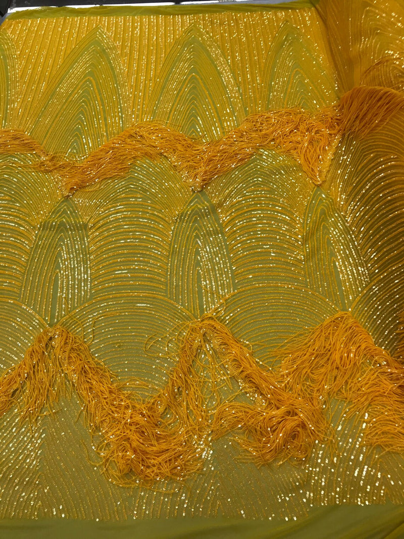 Fringe Sequins Design - Iridescent Dark Yellow - Fringe Design Embroidered on a  4 Way Stretch Lace Mesh (Pick A Size)
