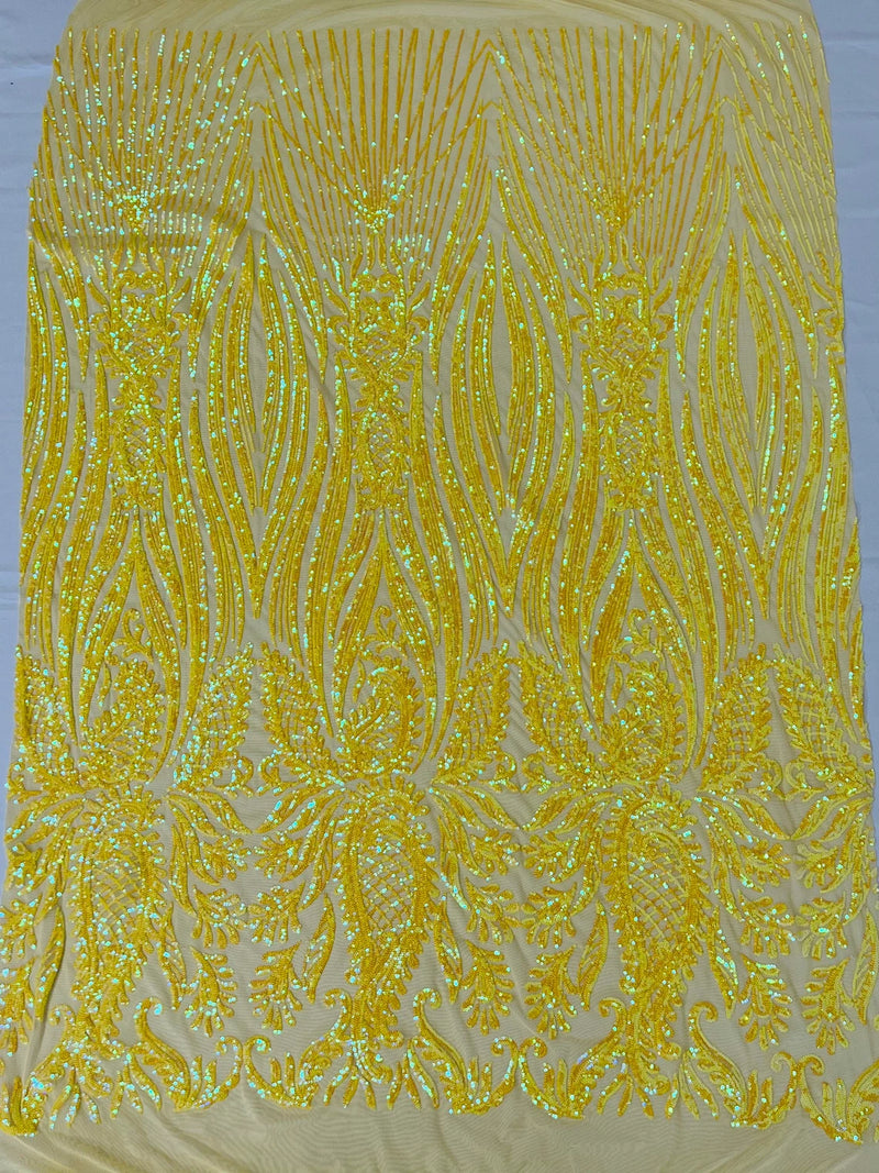 Paisley Lines Sequin Fabric - Iridescent Yellow - 4 Way Stretch Fancy Fabric By The Yard