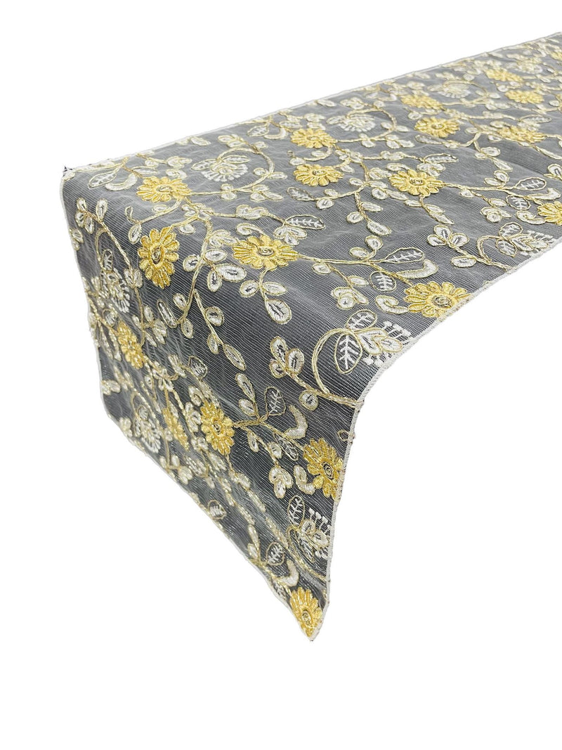 12" x 90" Metallic Floral Table Runner - Gold / Ivory - Floral Table Runners for Event Decoration