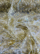 Holographic Floral Lace - Ivory / Gold - Flower Sequins Lace Design w/ Metallic Thread by Yard