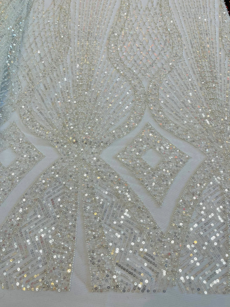 Zig Zag Lines Diamond Shape Fabric - Ivory - Embroidered Glamorous Design on Mesh Sold By The Yard