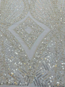 Zig Zag Lines Diamond Shape Fabric - Ivory - Embroidered Glamorous Design on Mesh Sold By The Yard