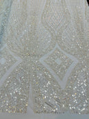 Zig Zag Lines Diamond Shape Fabric - Ivory - Embroidered Glamorous Design on Mesh Sold By The Yard
