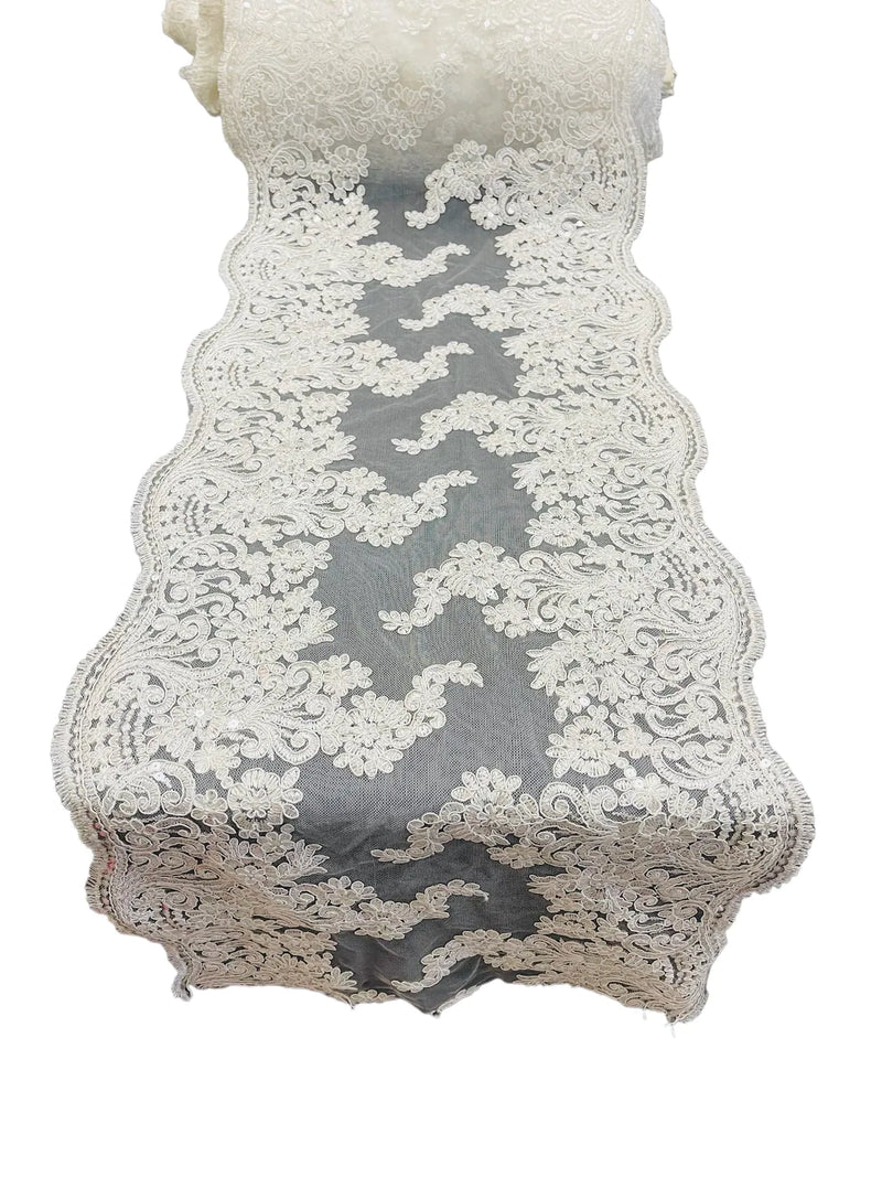 14" Metallic Floral Pattern Lace Table Runner - Ivory - Floral Table Runner for Event Decoration