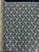 Floral Embroidered Lace - Ivory / Gold - Floral Corded Lace With Sequins Sold By Yard