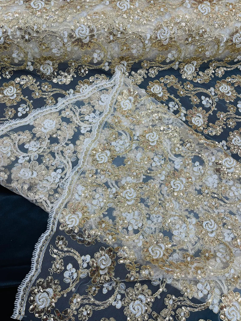 Floral Embroidered Lace - Ivory / Gold - Floral Corded Lace With Sequins Sold By Yard