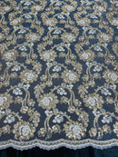 Floral Embroidered Lace - Ivory / Gold - Floral Corded Lace With Sequins Sold By Yard
