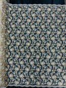 Floral Embroidered Lace - Ivory / Gold - Floral Corded Lace With Sequins Sold By Yard