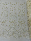 Beaded Elegant Fabric - Ivory - Leaf Design Beaded Embroidered Fabric by Yard