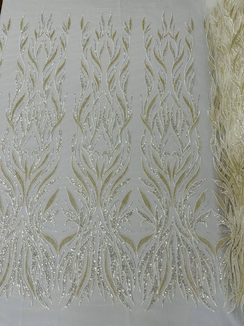 Beaded Elegant Fabric - Ivory - Leaf Design Beaded Embroidered Fabric by Yard