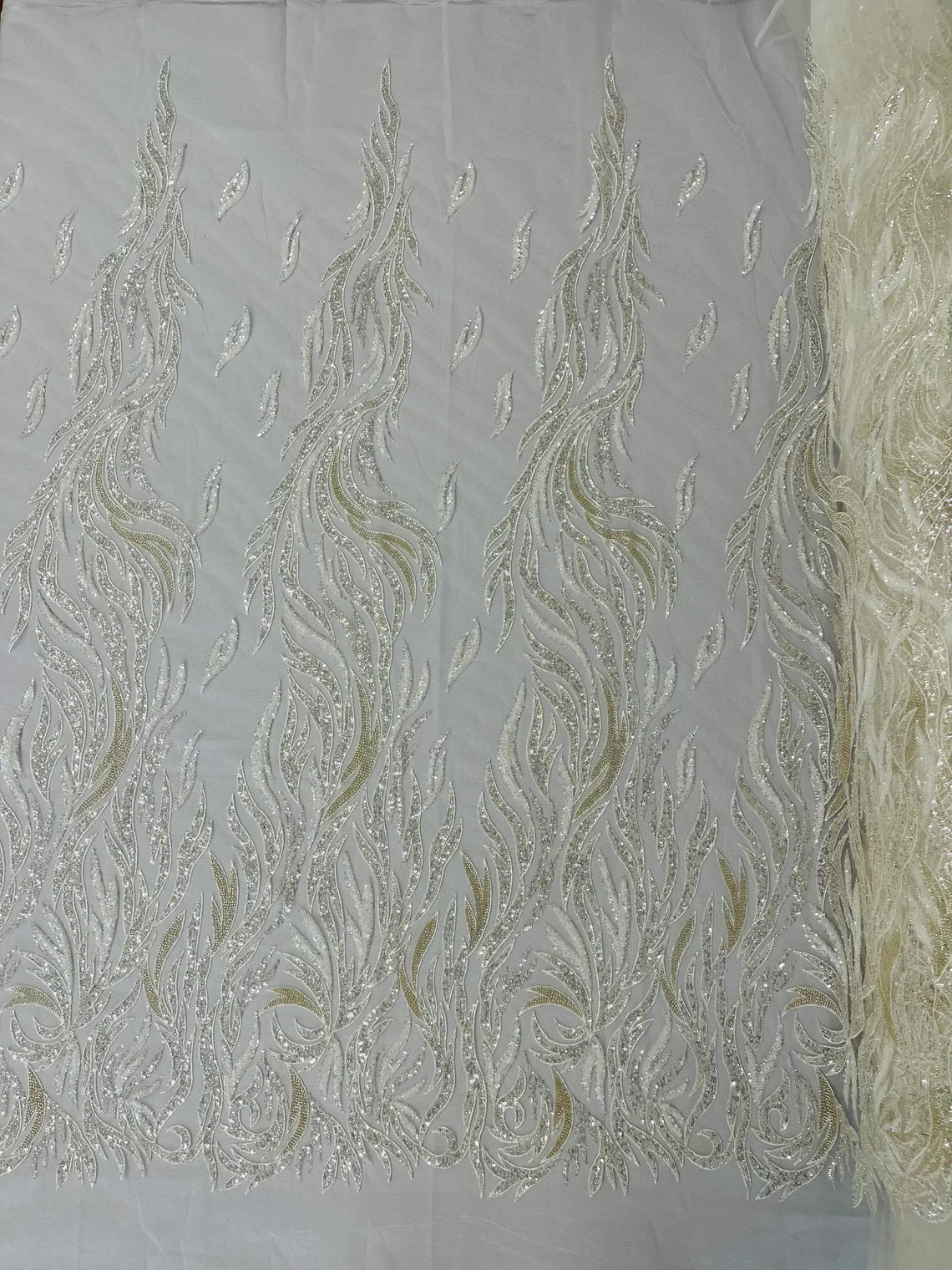 Beaded Flame Design Fabric - Ivory - Beaded Embroidered Fire Flame Des