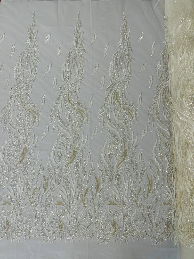 Beaded Flame Design Fabric - Ivory - Beaded Embroidered Fire Flame Design Fabric by Yard