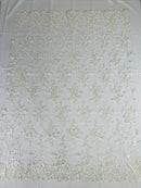 Floral Cluster Lace Fabric - Ivory - Embroidered Flowers With Sequins on a Mesh Lace Fabric Sold By Yard