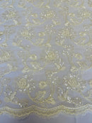 Floral Embroidered Lace - Ivory - Floral Corded Lace With Sequins Sold By Yard