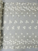 3D Triangle Floral Pearl Fabric - Ivory - 3D Embroidered Floral Design on Lace Mesh By Yard