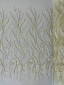 Sea Plant Beaded Fabric - Ivory - Beaded Embroidered Sea Plant Design Fabric by Yard