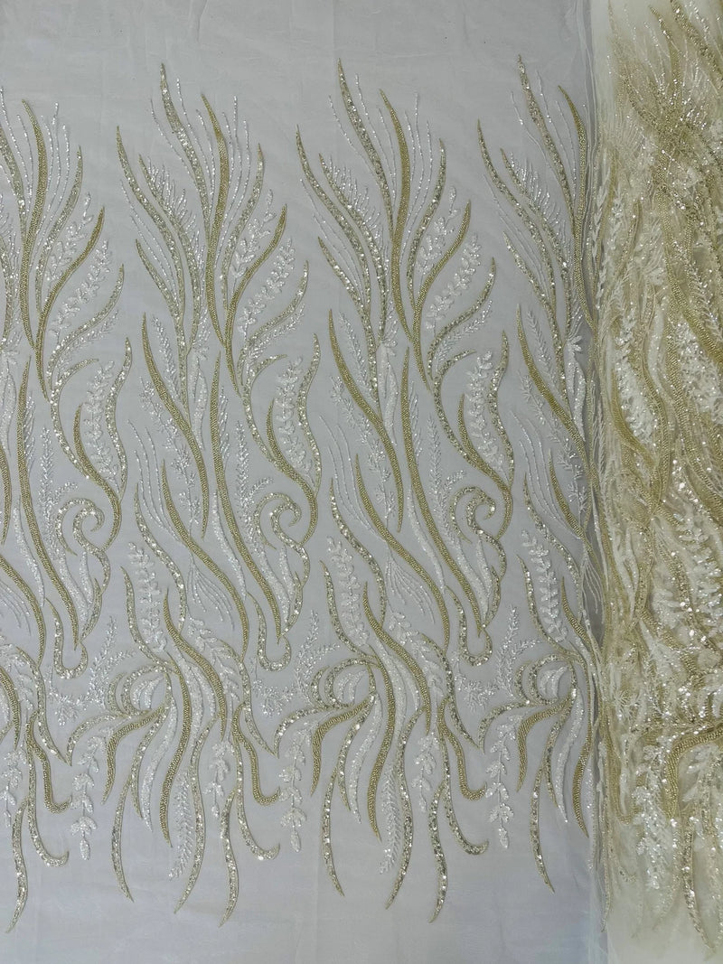 Sea Plant Beaded Fabric - Ivory - Beaded Embroidered Sea Plant Design Fabric by Yard