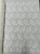 Small Flower Plant Fabric - Ivory - Floral Embroidered Design on Lace Mesh By Yard