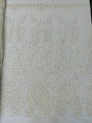 Beaded Embroidered Fabric - Ivory- Embroidered Heart and Feather Pattern Fabric Sold By Yard