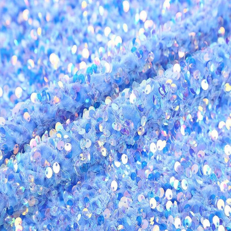 Iridescent Clear/Blue Sequins on Light Blue Stretch Velvet 2-way Stretch 58/60”By The Yard