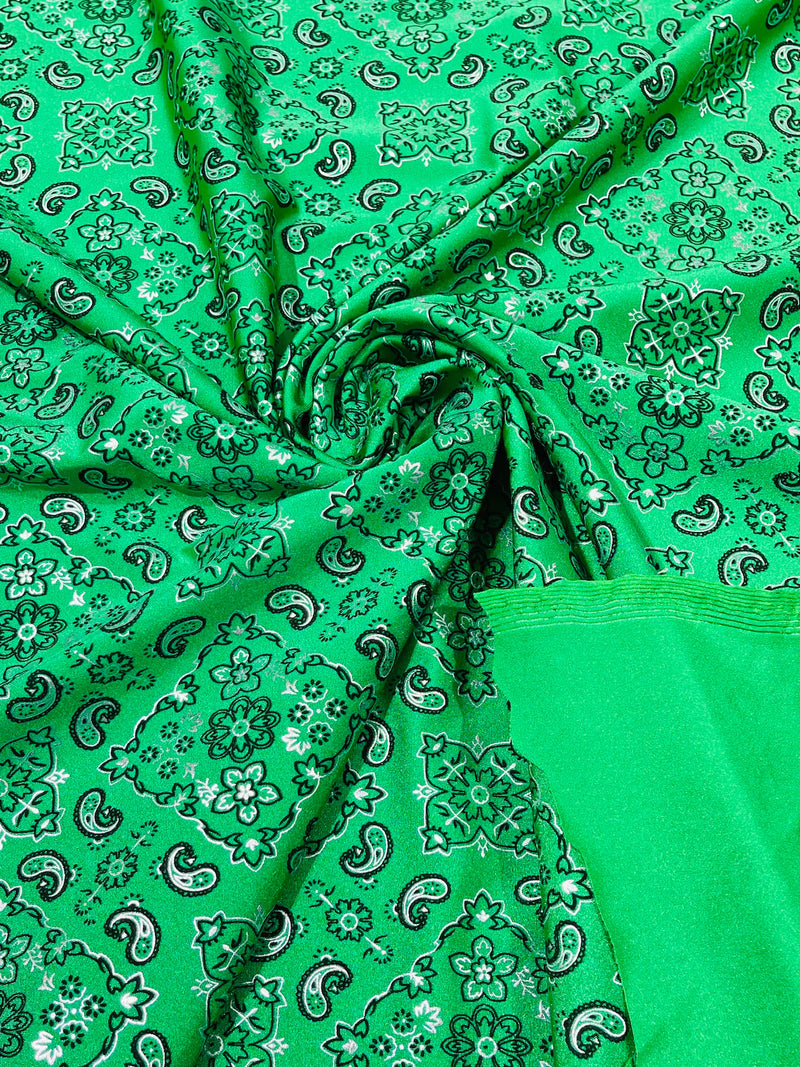 Bandana Spandex Print Fabrics - Kelly Green - Bandana Design Stretch Spandex Fabric By Yard