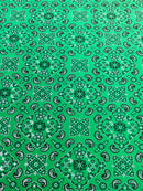 Bandana Spandex Print Fabrics - Kelly Green - Bandana Design Stretch Spandex Fabric By Yard