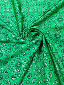 Bandana Spandex Print Fabrics - Kelly Green - Bandana Design Stretch Spandex Fabric By Yard