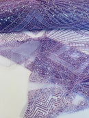 Zig Zag Lines Diamond Shape Fabric - Lavender - Embroidered Glamorous Design on Mesh Sold By The Yard