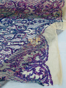 Heart Shape Sequins Fabric - Lavender - 4 Way Stretch Sequins Damask Fabric By Yard