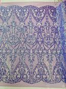 Heart Shape Sequins Fabric - Lavender - 4 Way Stretch Sequins Damask Fabric By Yard