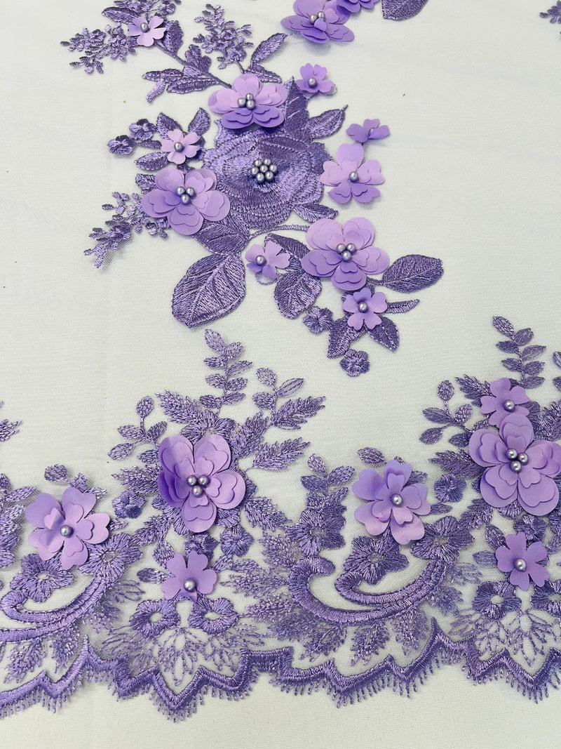3D Rose Plant Fabric - Lavender - Embroidered Flower Design Rose Fabric Sold by Yard