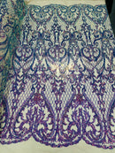 Heart Shape Sequins Fabric - Lavender - 4 Way Stretch Sequins Damask Fabric By Yard