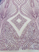 Zig Zag Lines Diamond Shape Fabric - Lavender - Embroidered Glamorous Design on Mesh Sold By The Yard