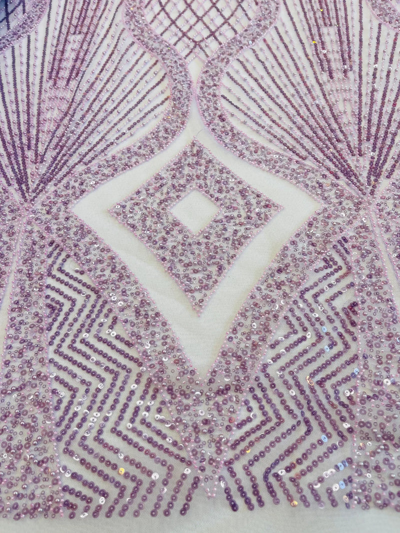 Zig Zag Lines Diamond Shape Fabric - Lavender - Embroidered Glamorous Design on Mesh Sold By The Yard