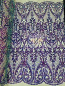 Heart Shape Sequins Fabric - Lavender - 4 Way Stretch Sequins Damask Fabric By Yard