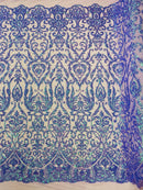 Damask Fancy Pattern Fabric - Lavender Iridescent - 4 Way Stretch Sequins Prom Design By Yard