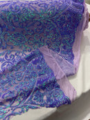Damask Fancy Pattern Fabric - Lavender Iridescent - 4 Way Stretch Sequins Prom Design By Yard