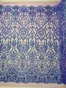 Damask Fancy Pattern Fabric - Lavender Iridescent - 4 Way Stretch Sequins Prom Design By Yard