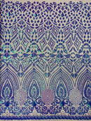 Geometric Design Fabric - Lavender - 4 Way Stretch Embroidered Design Sequins Fabric By Yard