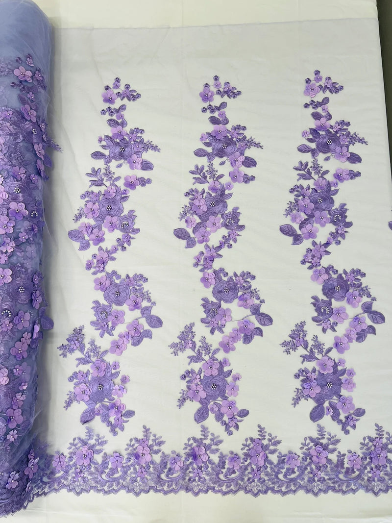 3D Rose Plant Fabric - Lavender - Embroidered Flower Design Rose Fabric Sold by Yard